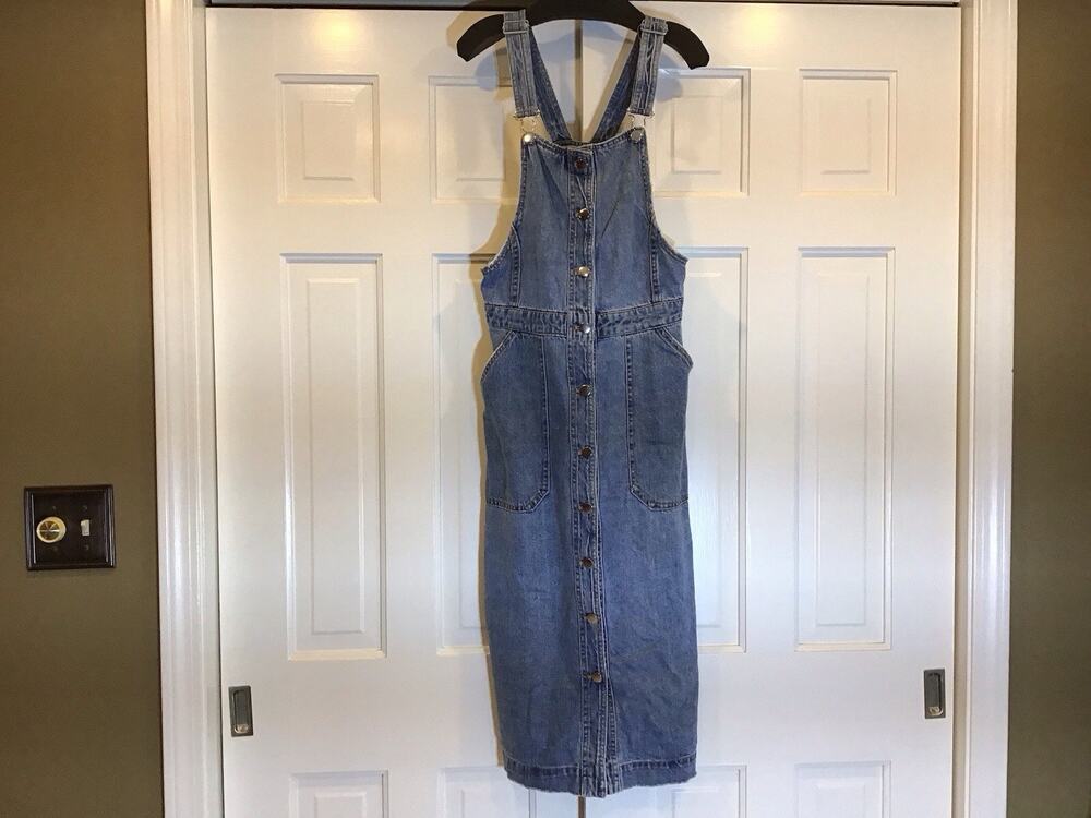 H&M Denim Distressed Overall Jumper Light Denim Dress Sz 10 Front Button Midi